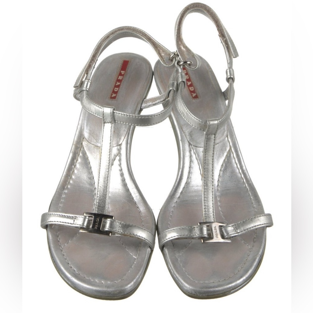 Prada Silver T-Strap Low Heeled Sandals Velcro Closure 8.5 39